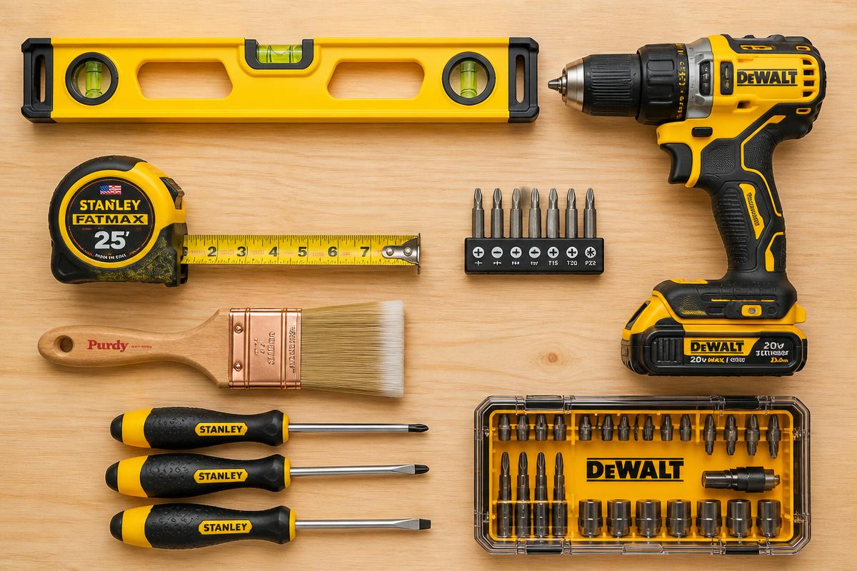 Professional handyman tools laid out on a workbench