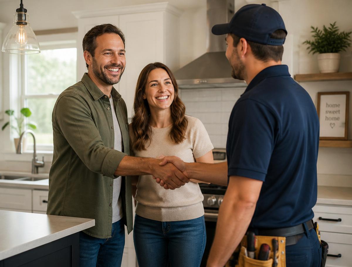 Happy homeowners shaking hands with their handyman after a finished job